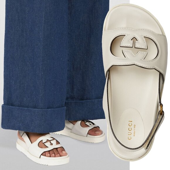 GUCCI SHOES INTERLOCKING G LOGO WHITE LEATHER SLINGBACK SANDALS sz 37.5 7.5 - Picture 1 of 16
